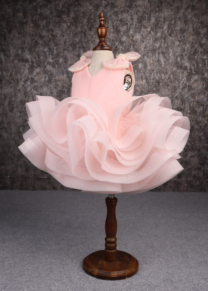 Peach Net Ruffle Pleated Yoke Stylish Dress