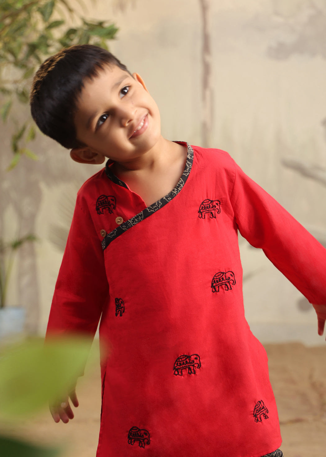 Red Cotton Hand Embroidered Elephant Kurta Dhoti Set