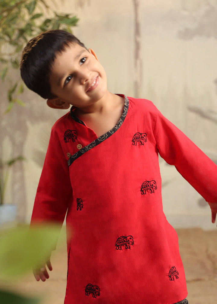 Red Cotton Hand Embroidered Elephant Kurta Dhoti Set