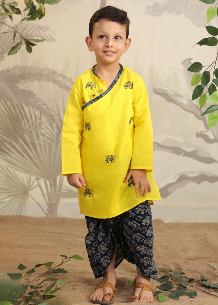 Yellow Cotton Hand Embroidered Elephant Kurta Dhoti Set