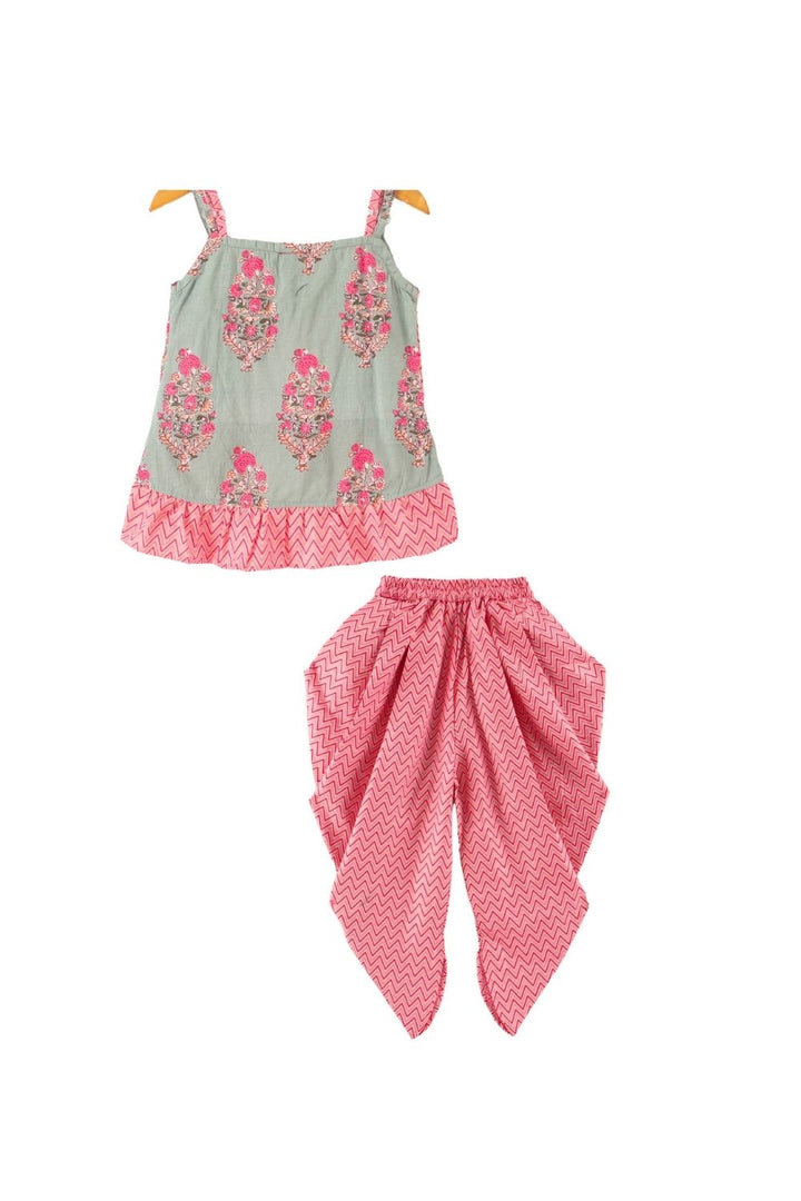 Peach Cotton Printed Ruffle Details Top & Dhoti Pants Set