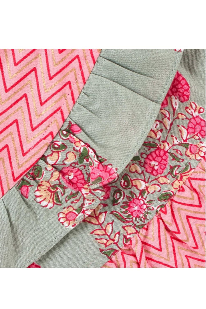 Peach Cotton Printed Ruffle Details Top & Dhoti Pants Set