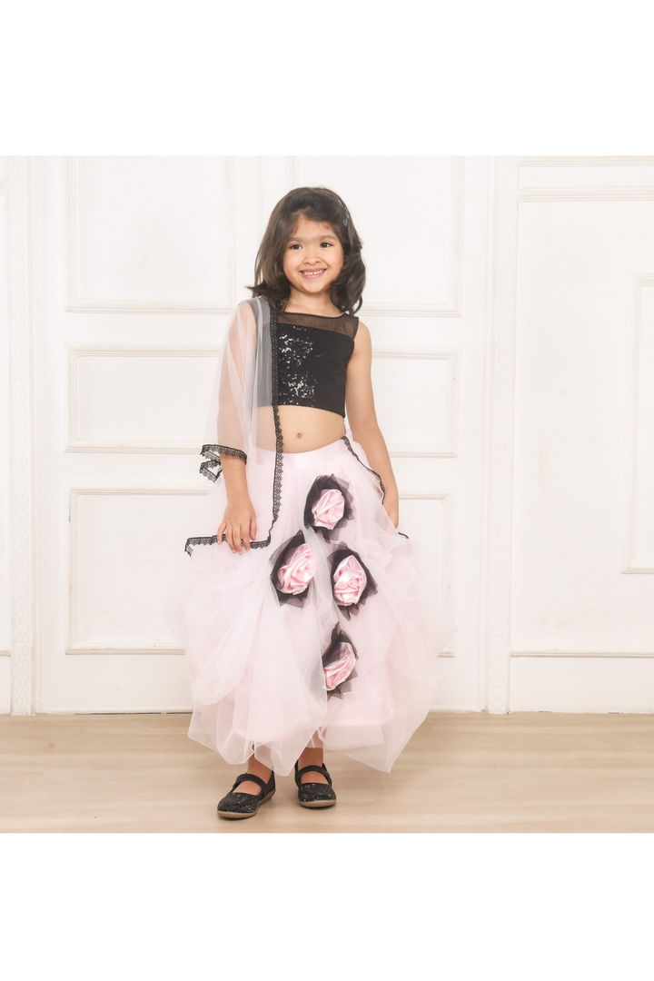 Baby Pink Sequins Embellished Top With Flared Lehenga Set