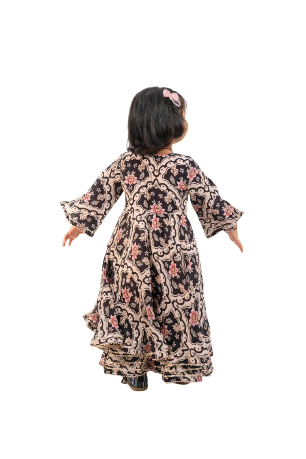 Black Floral Printed Flared Kurti With Front Open With Palazzo Set