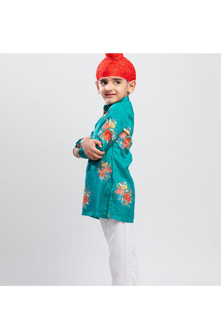 Green Big Floral Printed Kurta With White Pyjama Set