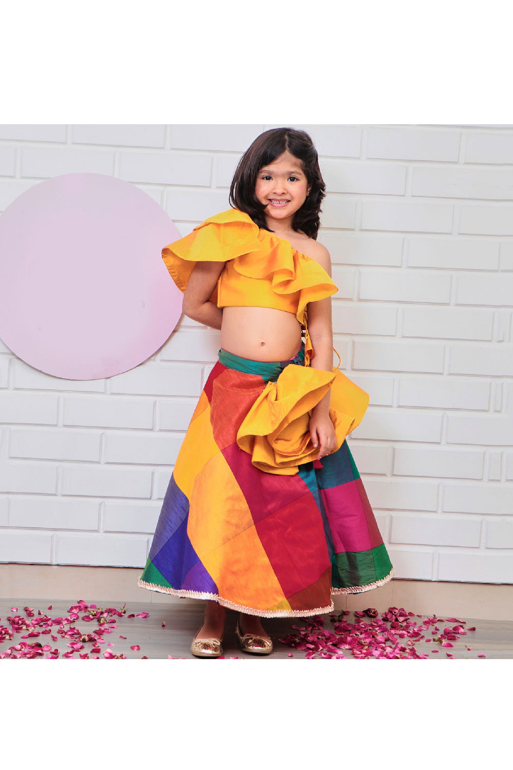 Mustard Yellow Ruffle One Shoulder Top With Multicolor Detailing Lehenga Set