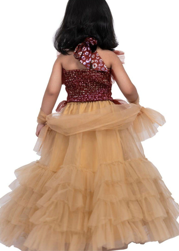 Maroon and Beige Halter Frilled Top With Layered Ghaghra Set