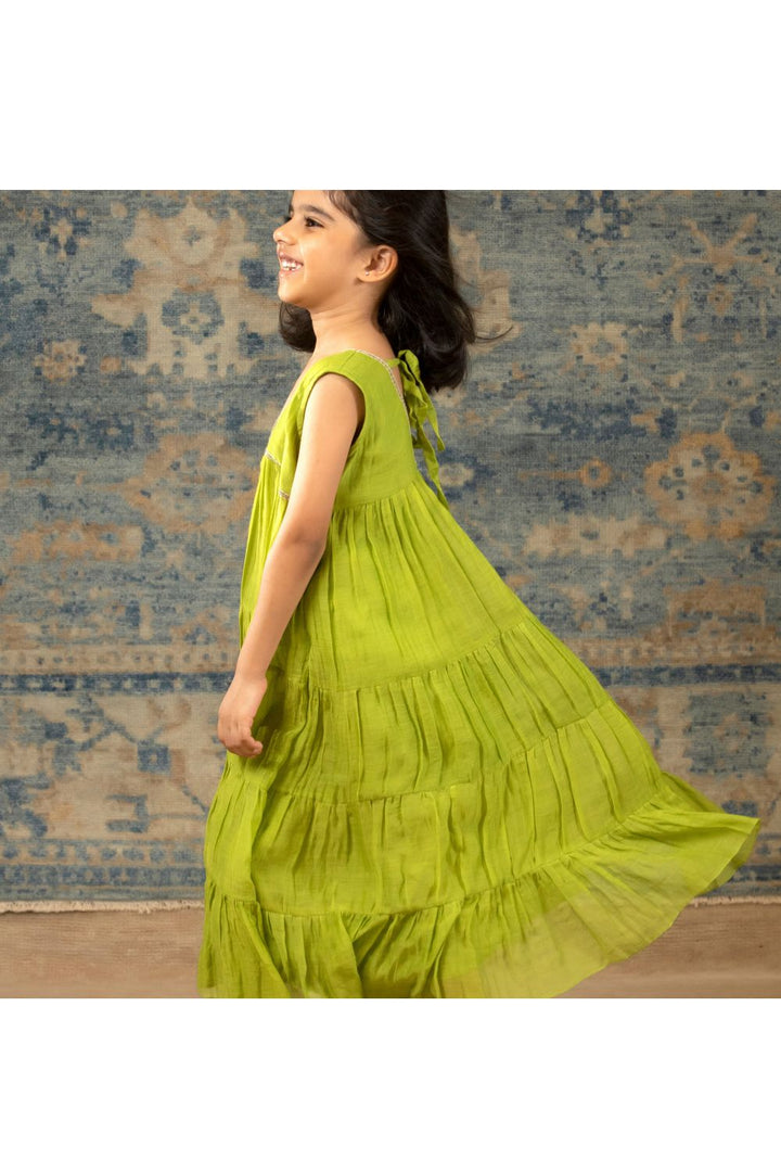 Green Chanderi Hand Embroidered Flared Dress