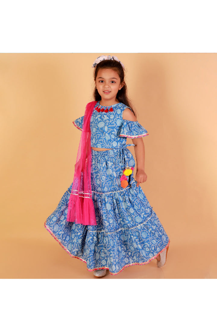 Blue Jaipuri Printed And Tassels Detailing Cotton Top With Lehenga Set