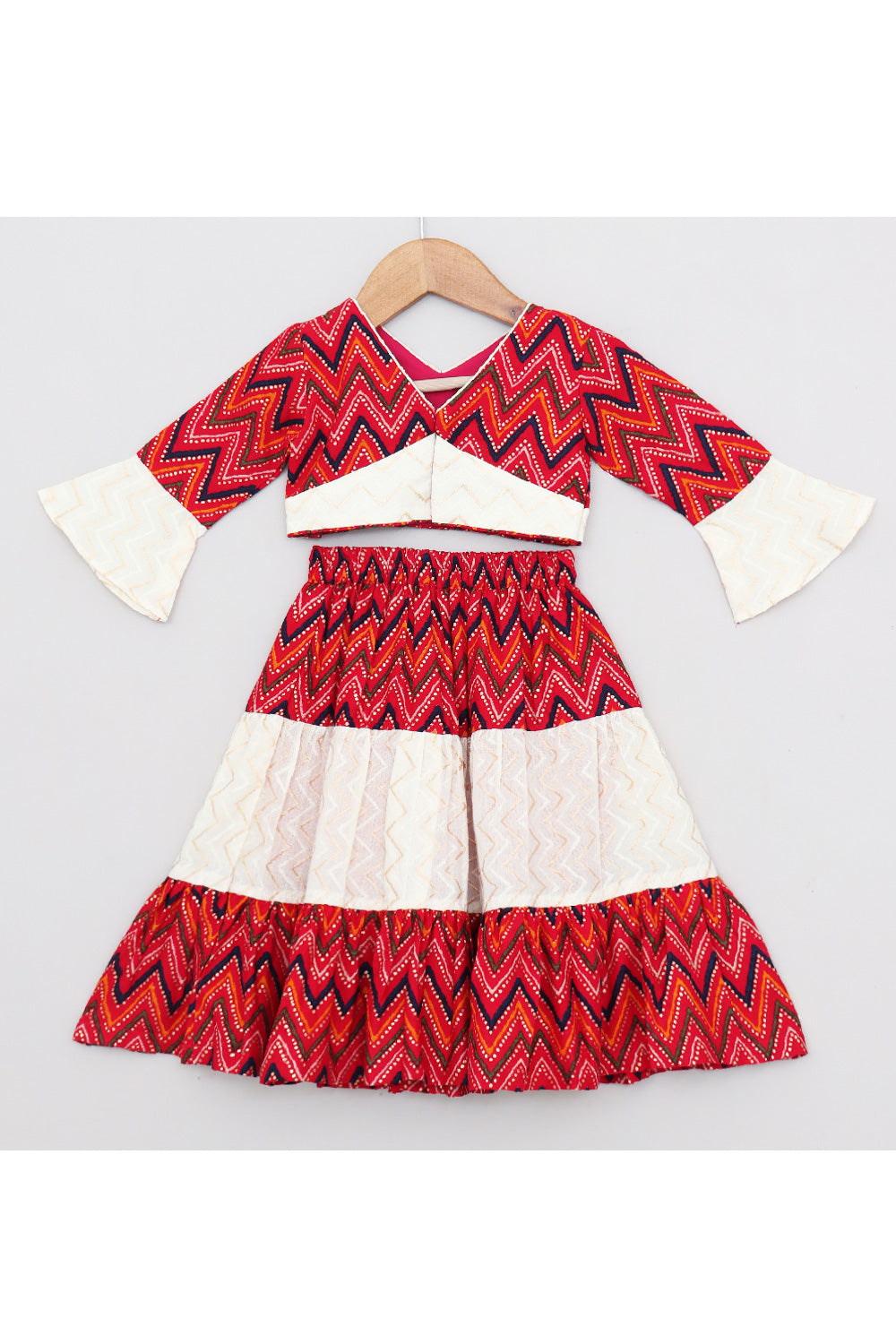 Maroon And Off White Cotton Top With Lehenga Set
