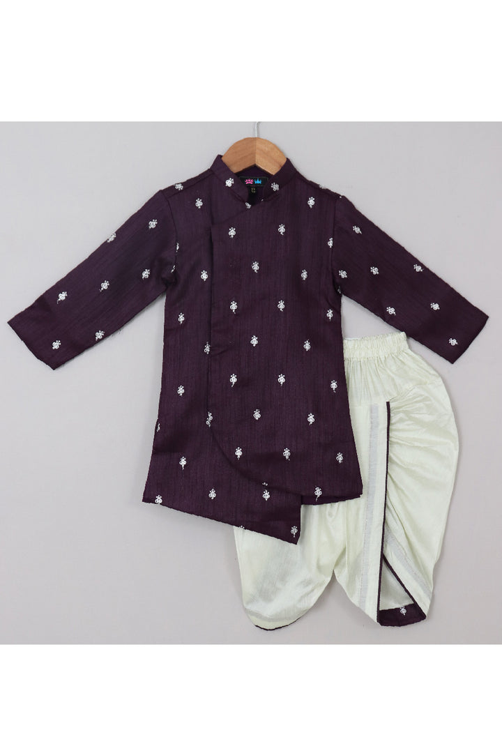 Purple Thread Embroidered Asymmetrical Silk Kurta With Dhoti Set
