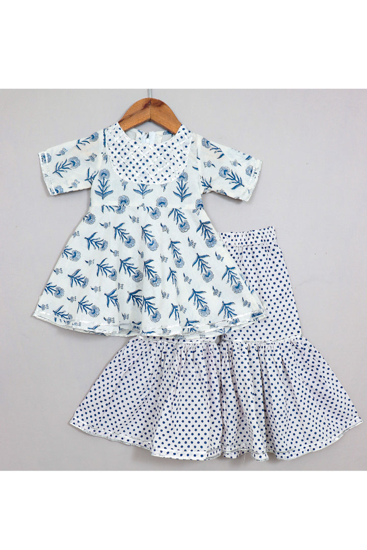 Blue And White Floral Printed Cotton Peplum Style Top With Sharara Set