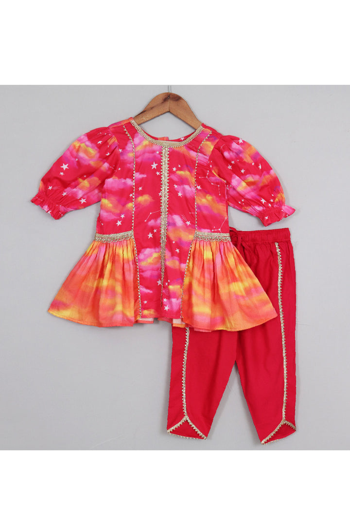 Cloud And Star Printed Peplum Style Top With Dhoti Set