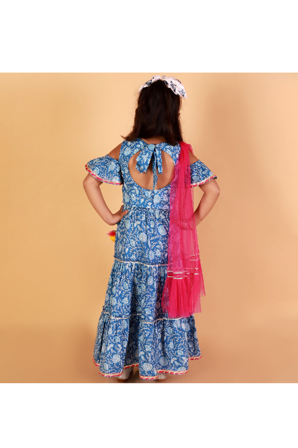 Blue Jaipuri Printed And Tassels Detailing Cotton Top With Lehenga Set