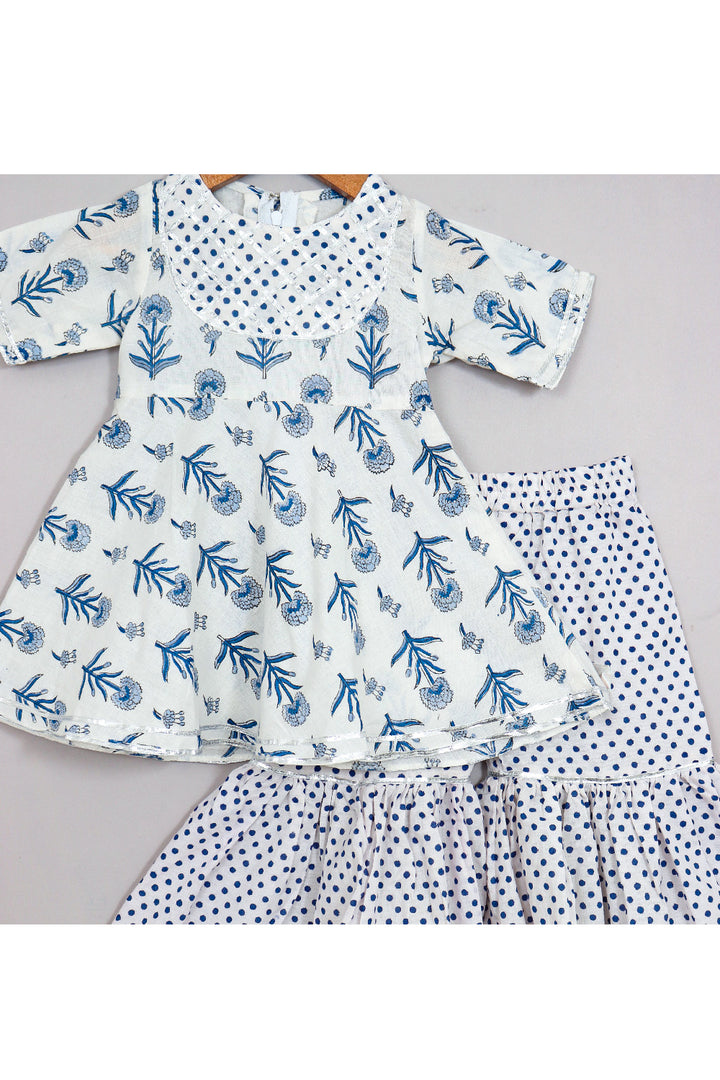 Blue And White Floral Printed Cotton Peplum Style Top With Sharara Set