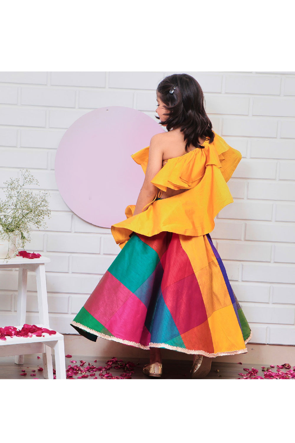 Mustard Yellow Ruffle One Shoulder Top With Multicolor Detailing Lehenga Set