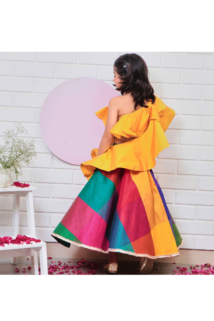Mustard Yellow Ruffle One Shoulder Top With Multicolor Detailing Lehenga Set