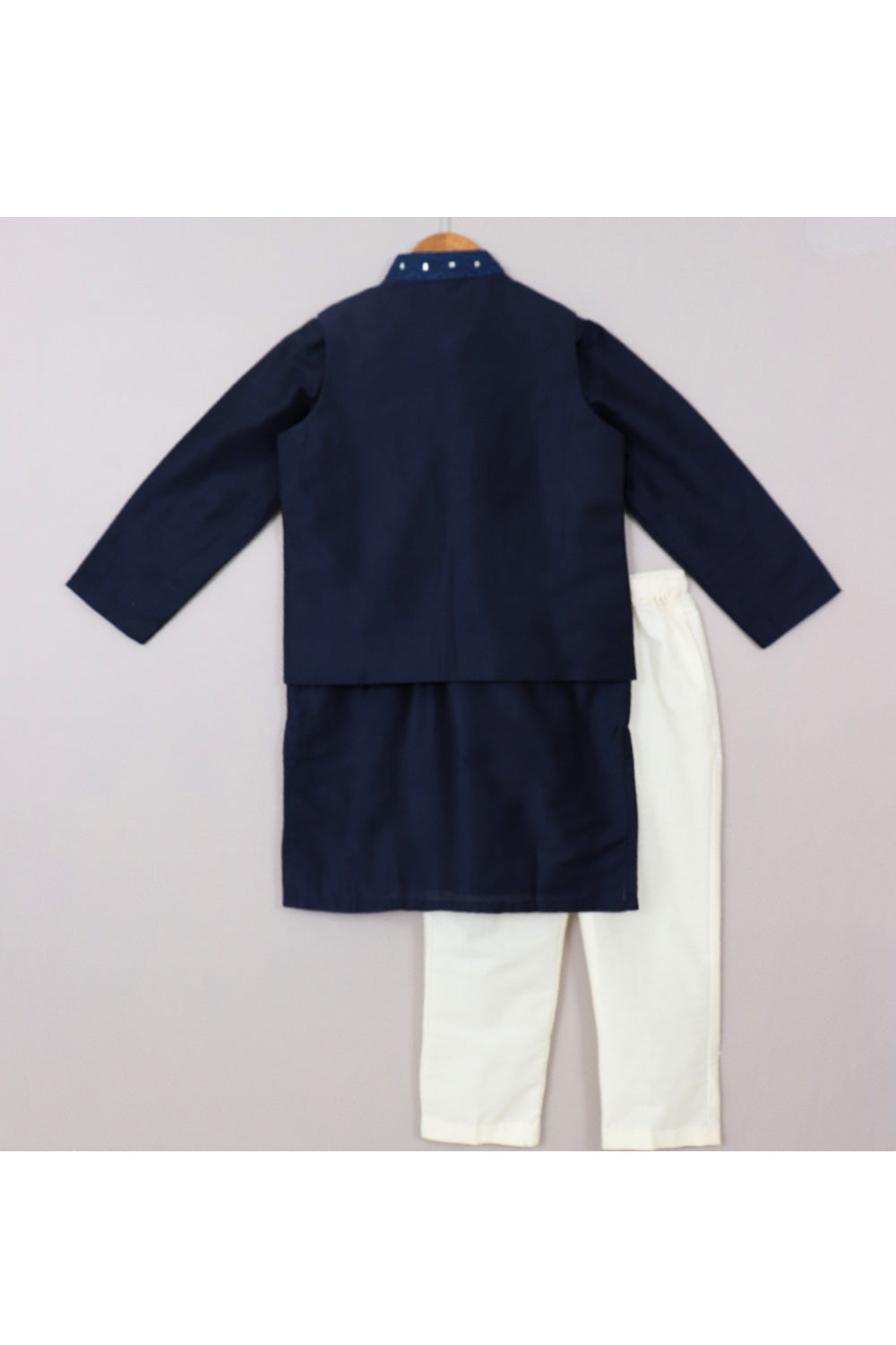 Navy Blue Cotton Silk Kurta With Faux Mirror Embroidered Jacket Set