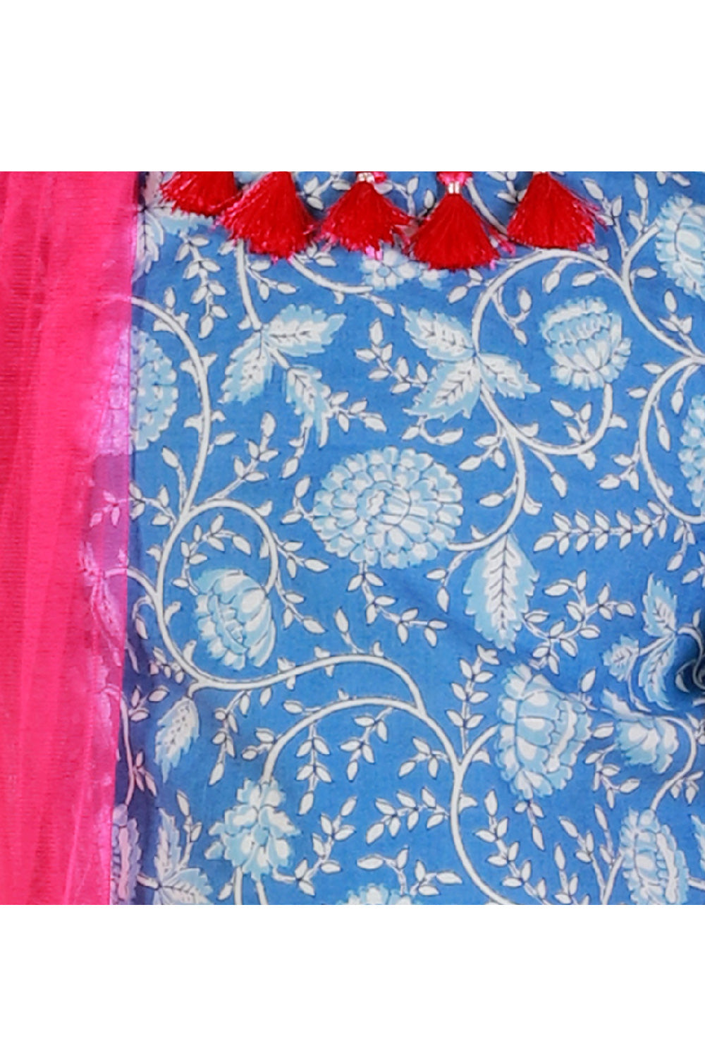 Blue Jaipuri Printed And Tassels Detailing Cotton Top With Lehenga Set
