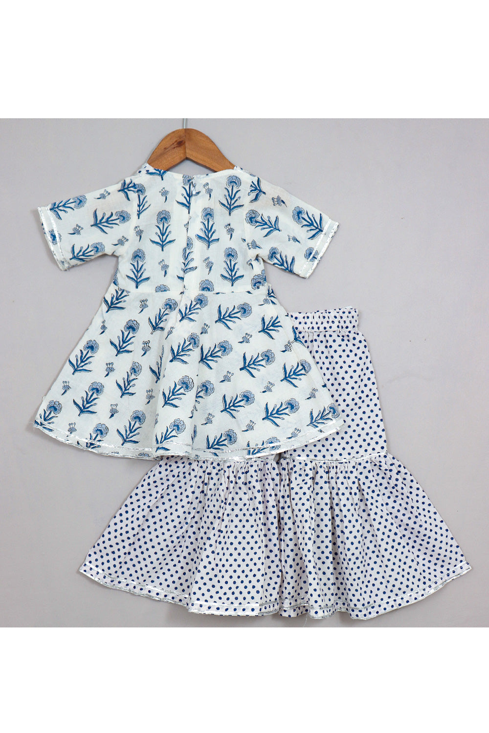 Blue And White Floral Printed Cotton Peplum Style Top With Sharara Set