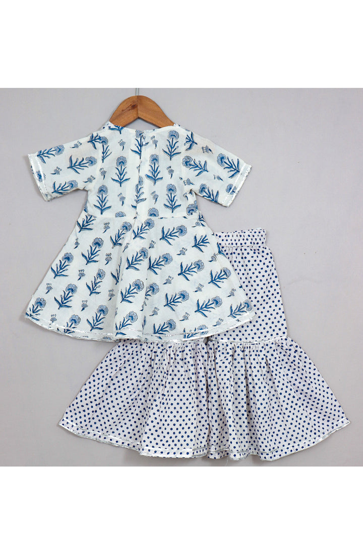 Blue And White Floral Printed Cotton Peplum Style Top With Sharara Set