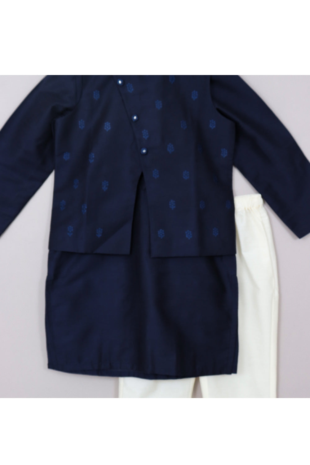 Navy Blue Cotton Silk Kurta With Faux Mirror Embroidered Jacket Set
