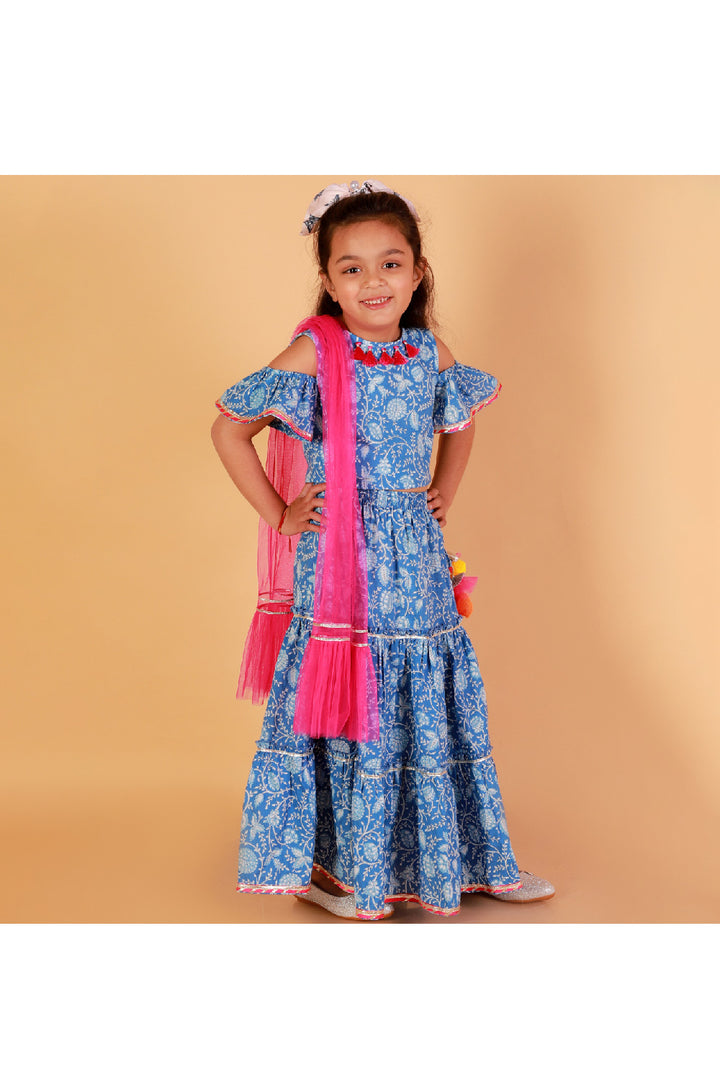 Blue Jaipuri Printed And Tassels Detailing Cotton Top With Lehenga Set