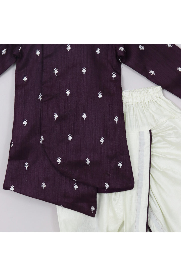 Purple Thread Embroidered Asymmetrical Silk Kurta With Dhoti Set