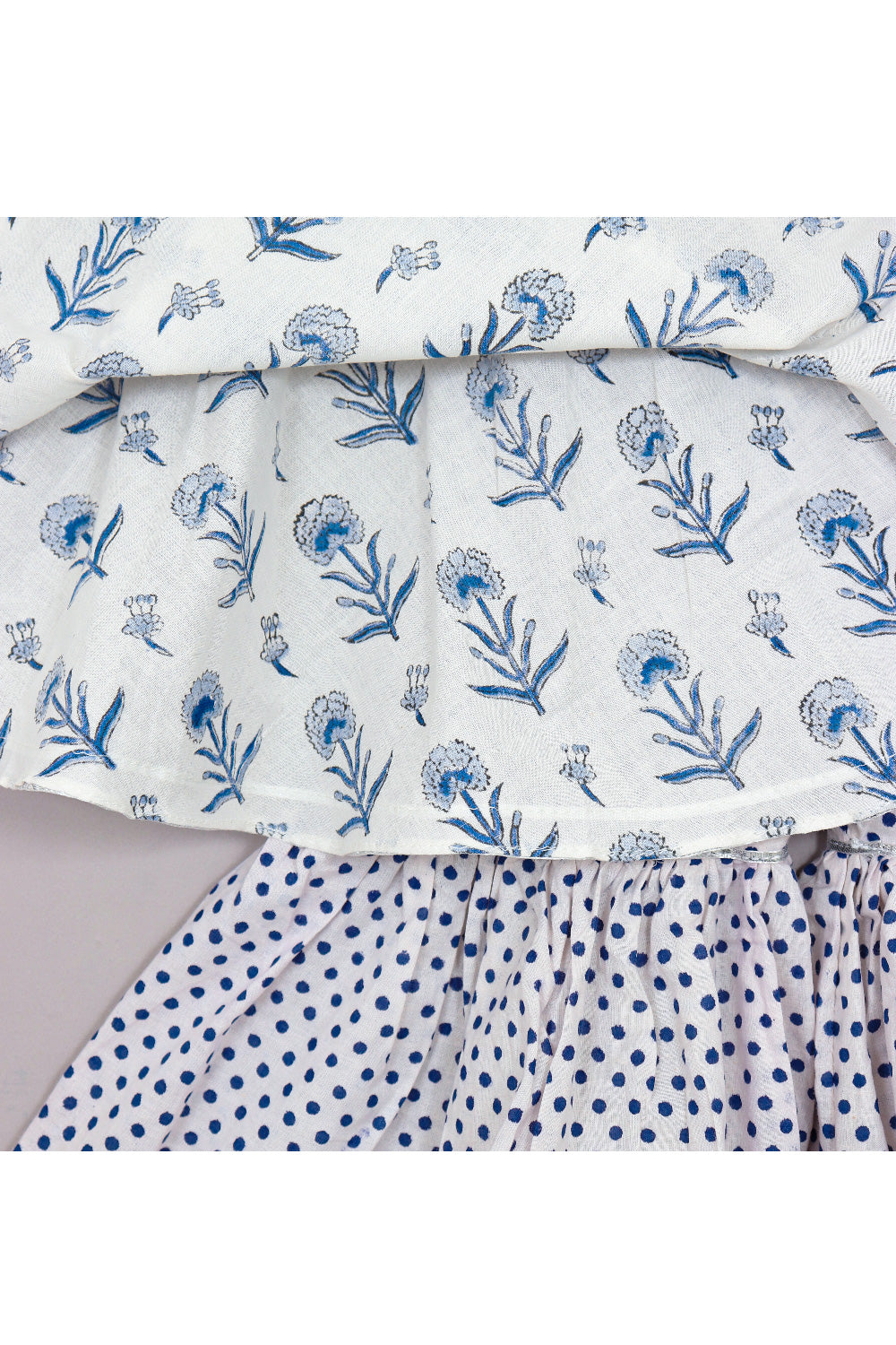 Blue And White Floral Printed Cotton Peplum Style Top With Sharara Set