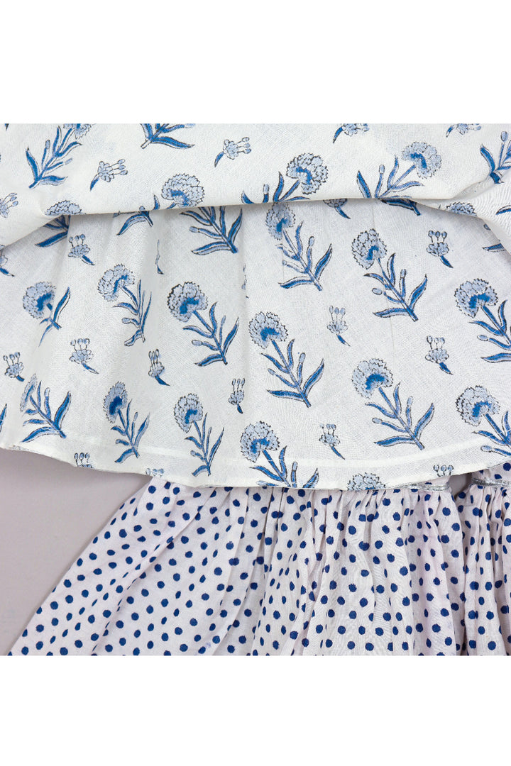Blue And White Floral Printed Cotton Peplum Style Top With Sharara Set