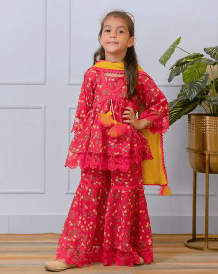 Pink Cotton Printed Kurti sharara with Dupatta Set