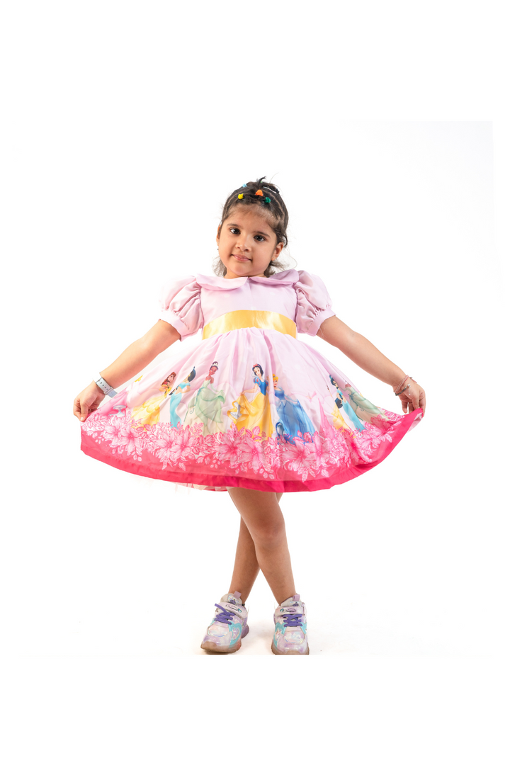 Pink Satin Disney Princess Puff Sleeves Frock