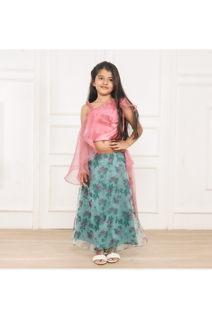 Onion Pink Organza One Shoulder Top With Floral Printed Lehenga Set