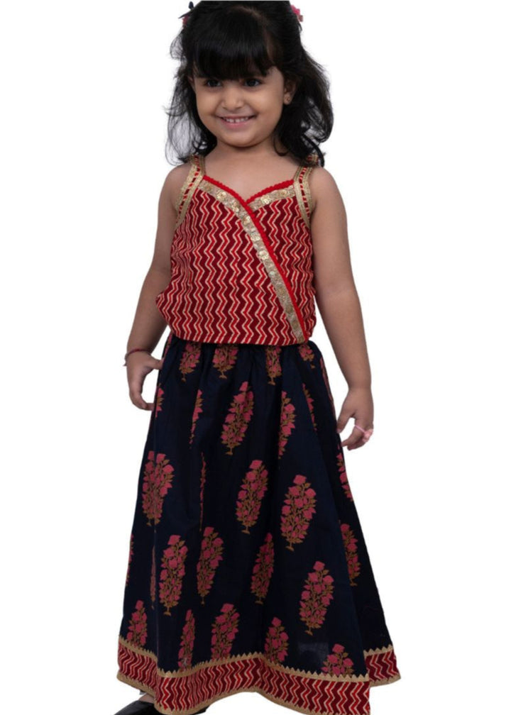 Red & Blue Frill Sleeveless Cotton Zigzag Top With Lehenga Set