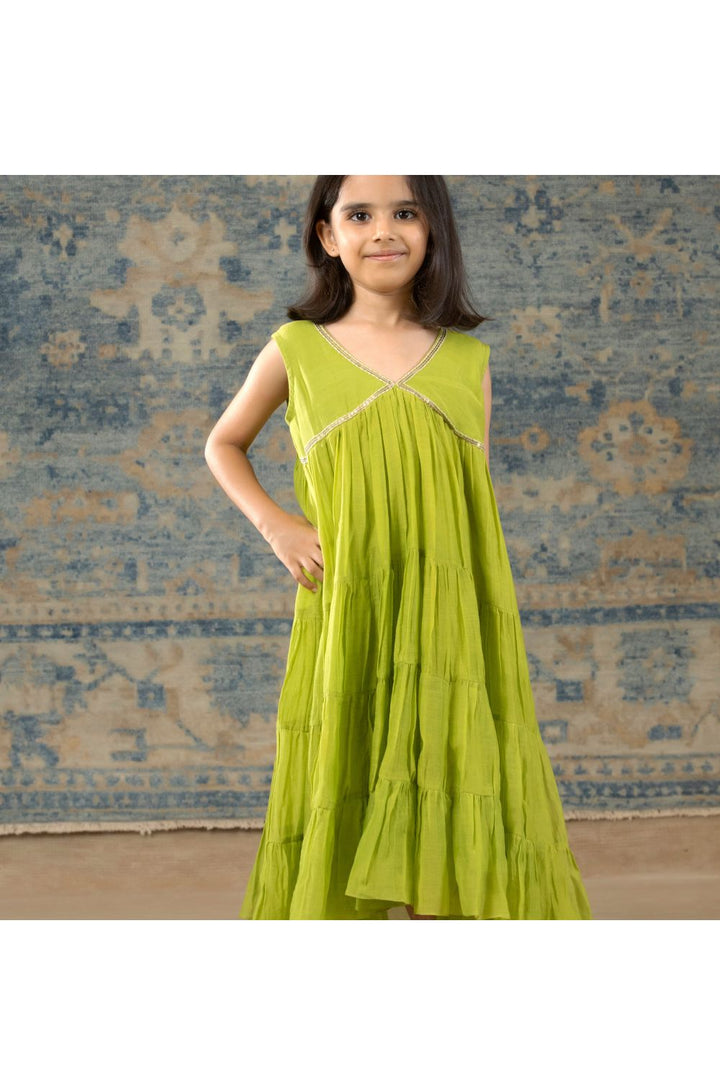 Green Chanderi Hand Embroidered Flared Dress