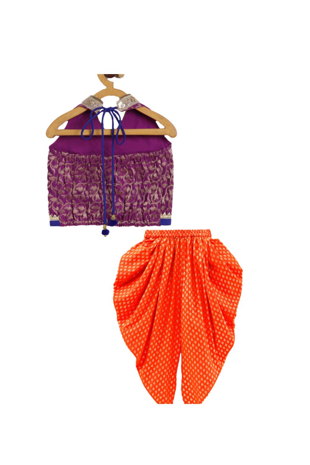 Magenta Brocade Halter Neck Top & Orange Foil Printed Dhoti Pants Set