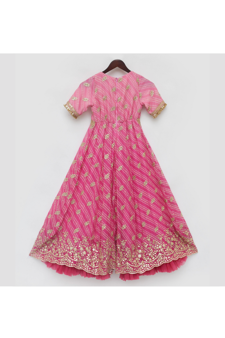 Pink Bandhej And Lace Detailing Georgette Jumpsuit