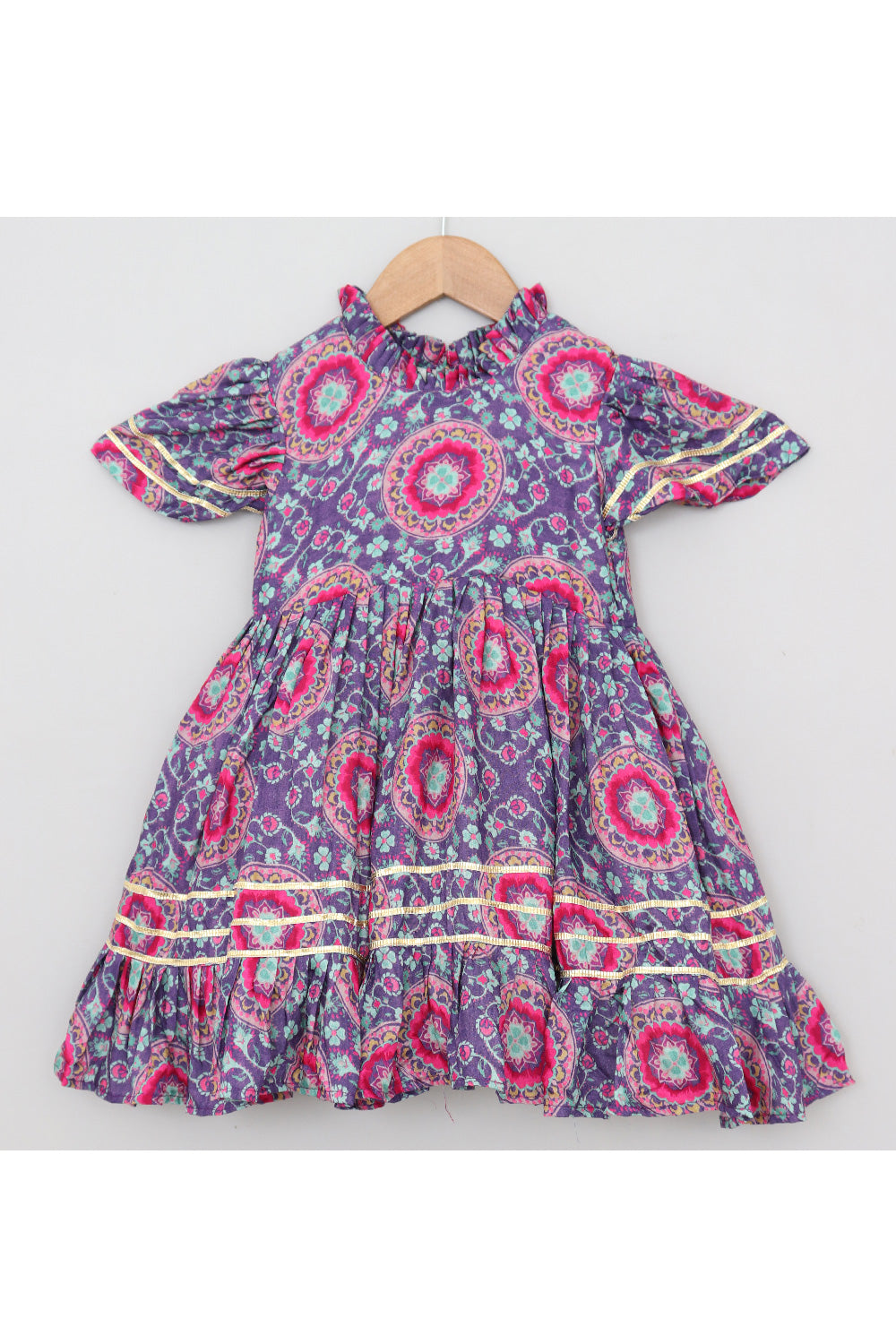 Purple Printed And Lace Detailing Muslin Dress