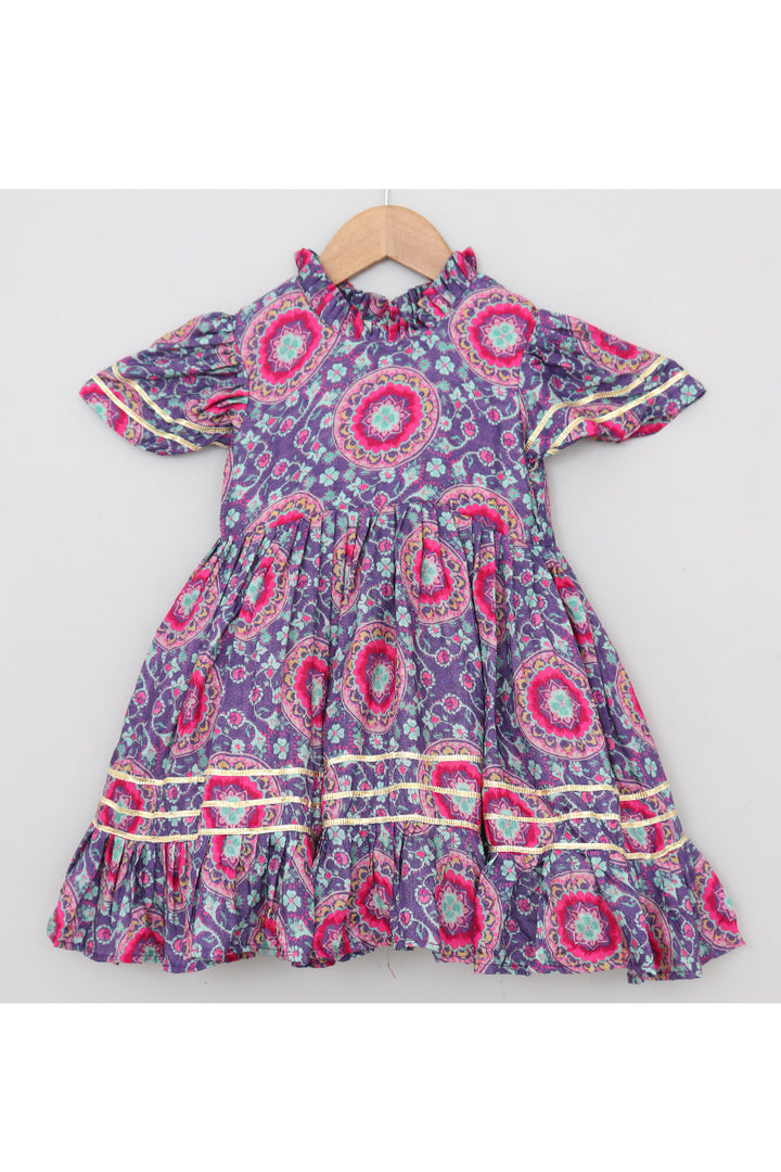 Purple Printed And Lace Detailing Muslin Dress