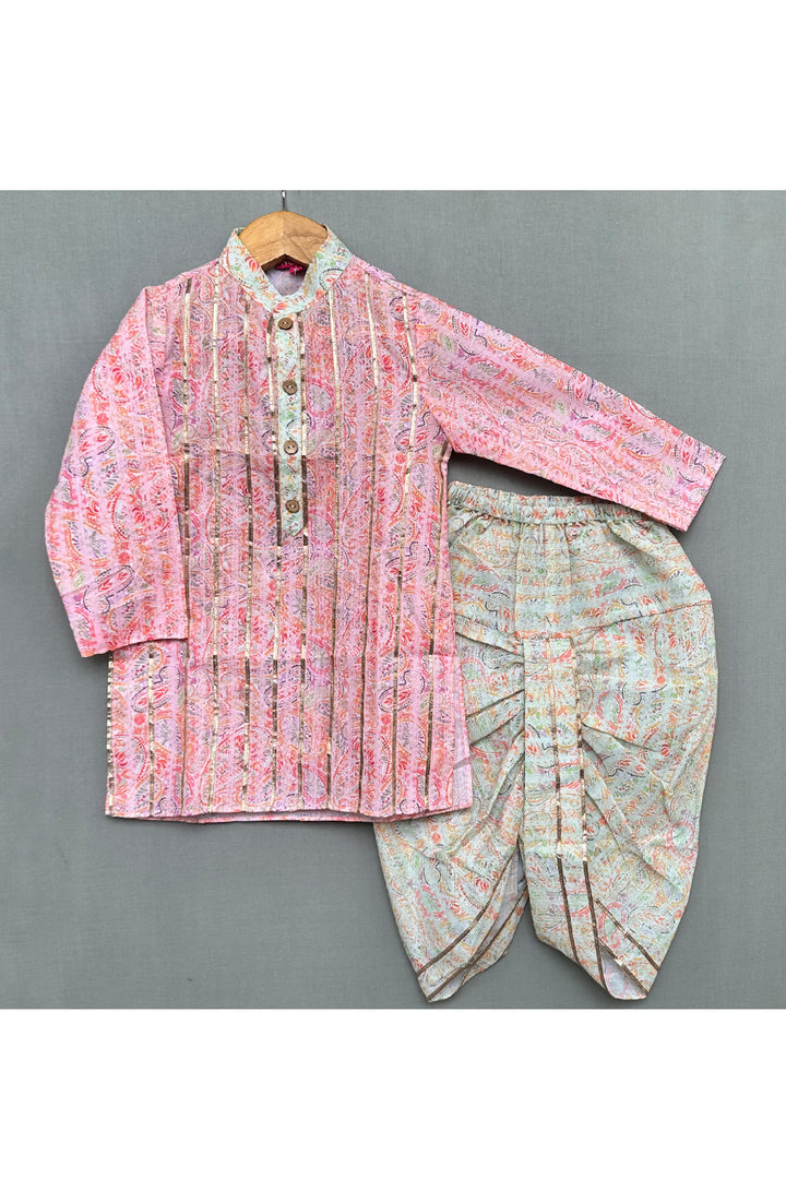 Pink Printed And Zari Lace Detailing Cotton Kurta With Dhoti Set