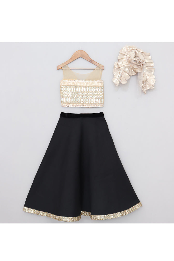 Golden Embroidered Sleeveless Top With Scuba Lehenga Set