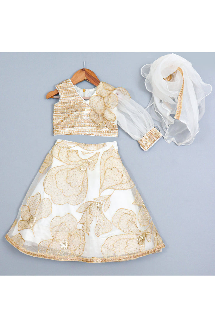 Off White And Golden Embroidered One Shoulder Top With Lehenga Set