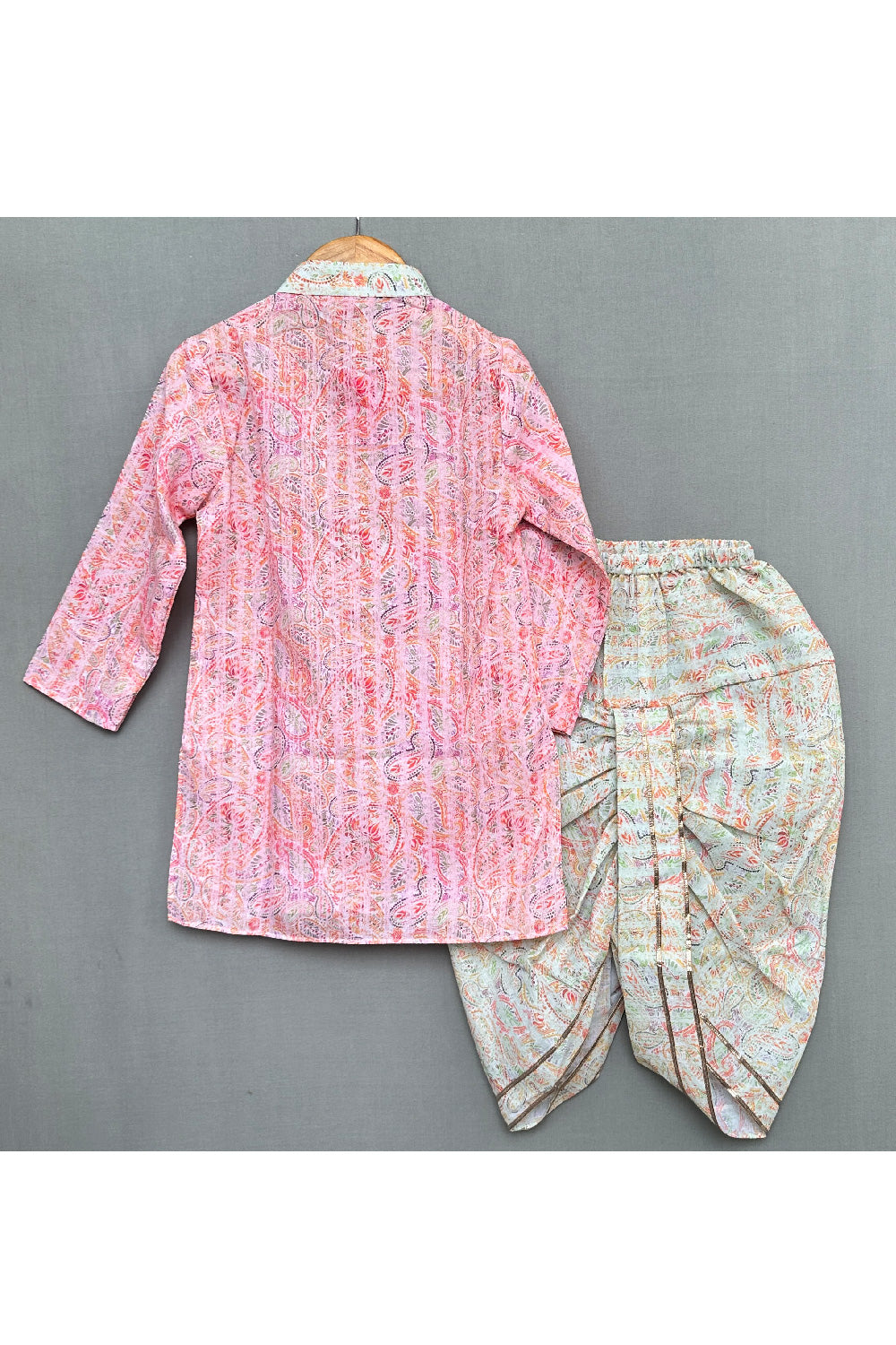 Pink Printed And Zari Lace Detailing Cotton Kurta With Dhoti Set