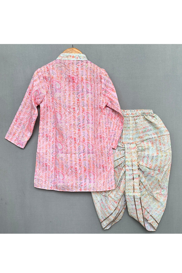 Pink Printed And Zari Lace Detailing Cotton Kurta With Dhoti Set
