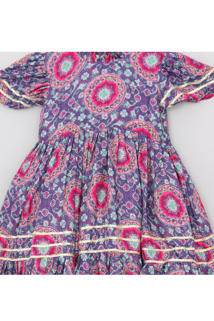 Purple Printed And Lace Detailing Muslin Dress