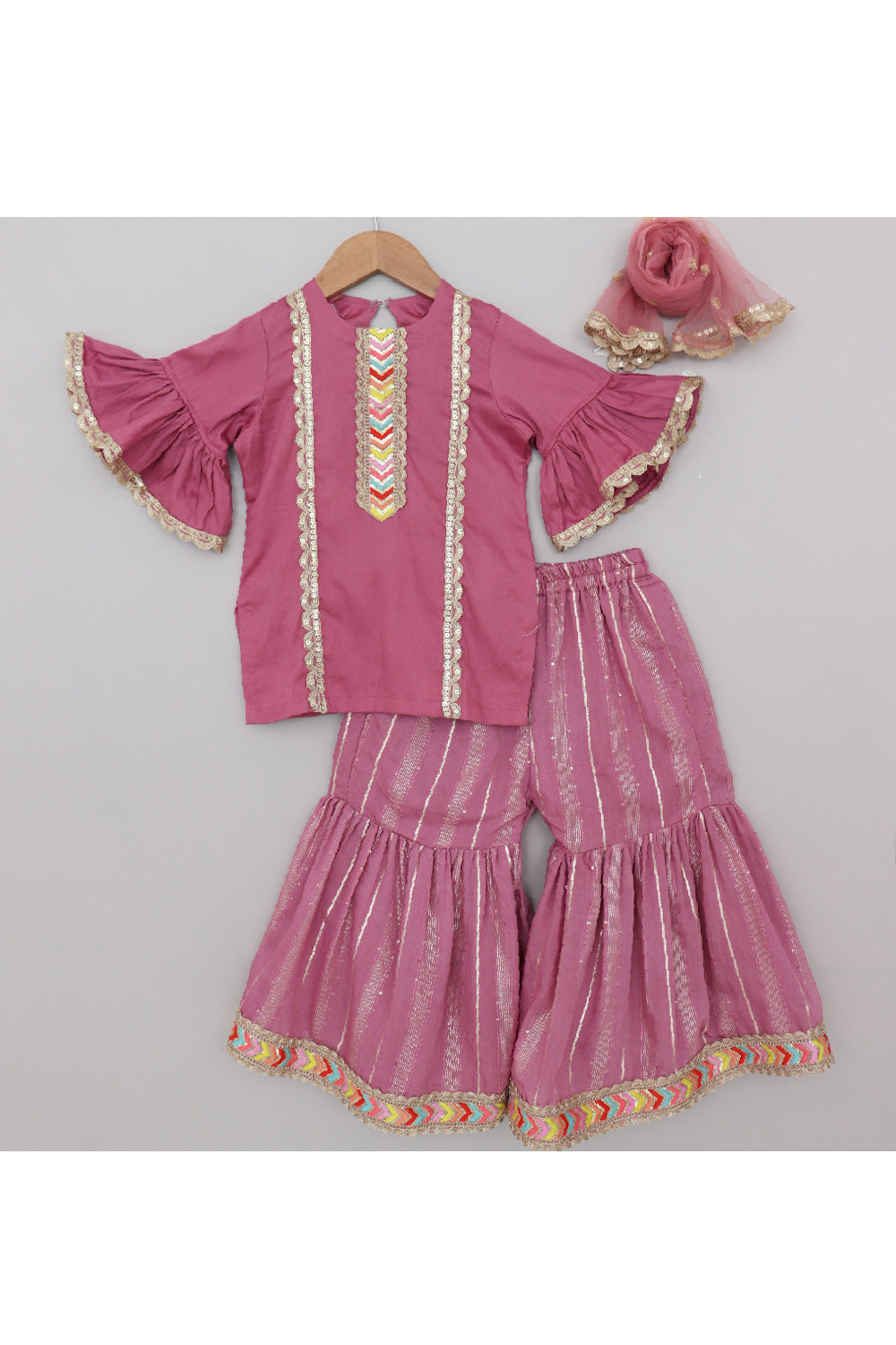 Purple Embroidered Lace Detailing Kurta With Sharara Set