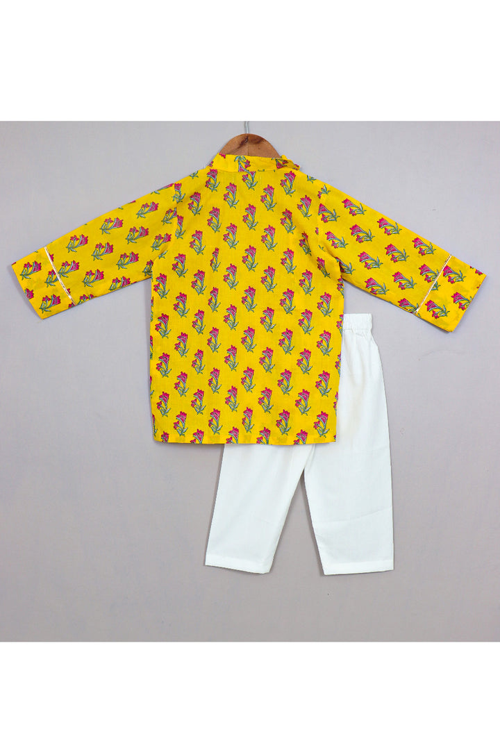 Yellow Floral Printed Cotton Kurta With Pyjama Set