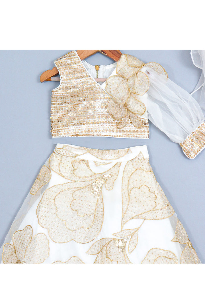 Off White And Golden Embroidered One Shoulder Top With Lehenga Set