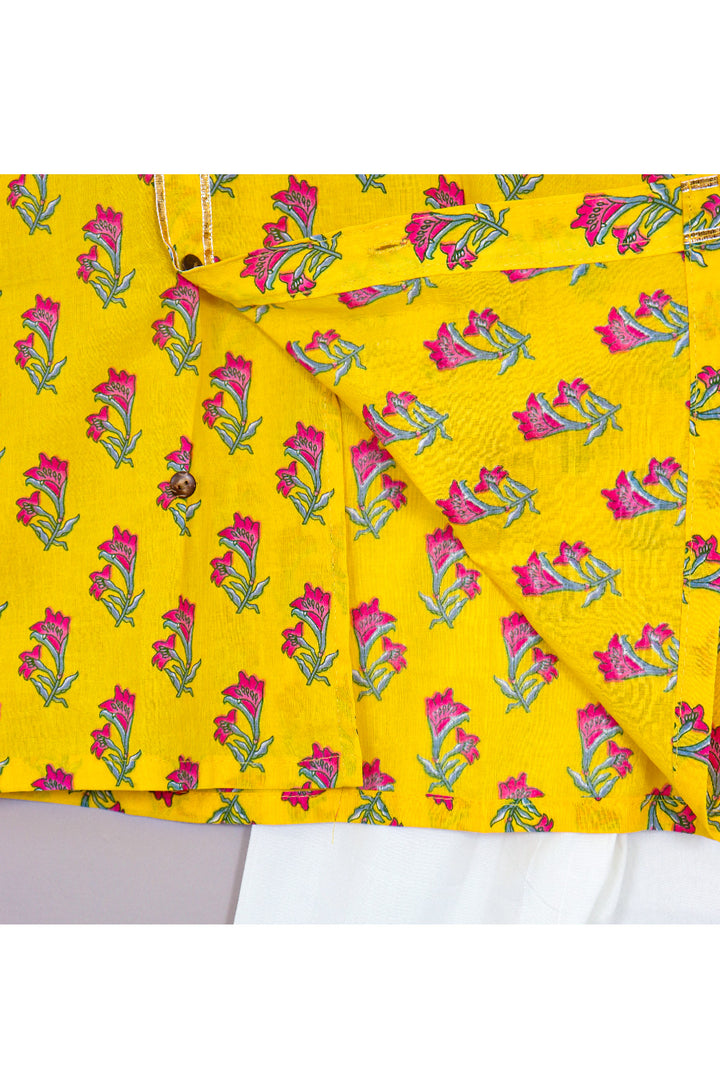 Yellow Floral Printed Cotton Kurta With Pyjama Set