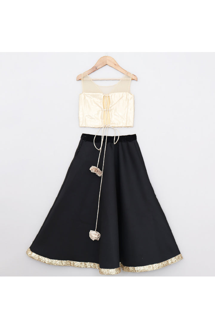 Golden Embroidered Sleeveless Top With Scuba Lehenga Set